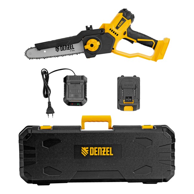 Цепная мини-пила аккумуляторная СCS-200BL, шина 200 мм, Li-Ion, 20 В Denzel Цепная мини-пила аккумуляторная СCS-200BL, шина 200 мм, Li-Ion, 20 В Denzel