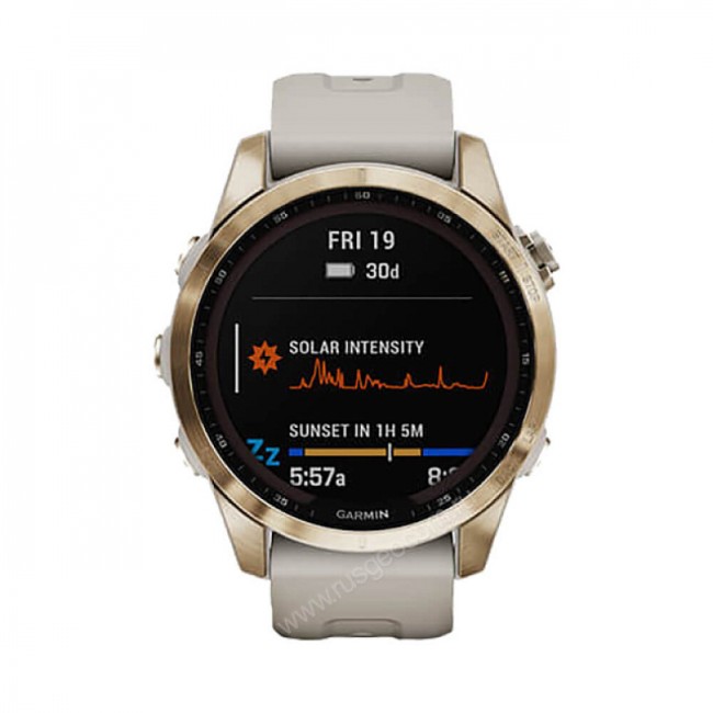 Часы Garmin Fenix 7S Sapphire Solar титановый кремово-золотой с светло-песочным силиконовым ремешком Часы Garmin Fenix 7S Sapphire Solar титановый кремово-золотой с светло-песочным силиконовым ремешком